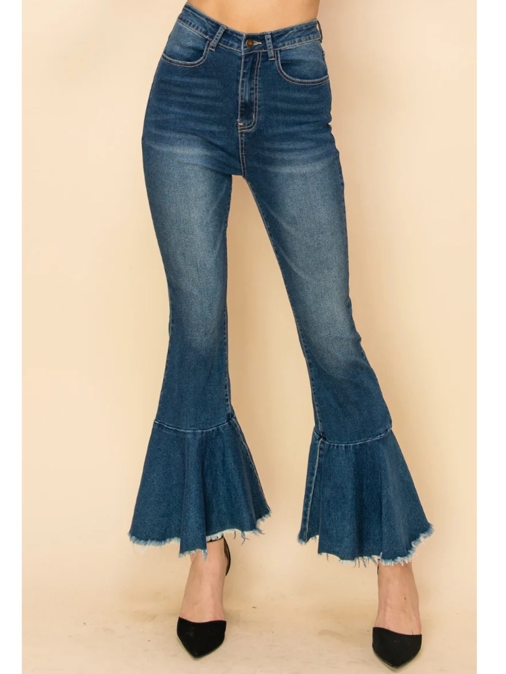 Dance & Marvel Dark Blue High-Rise Flare Jeans with Frayed Ruffle Hem
